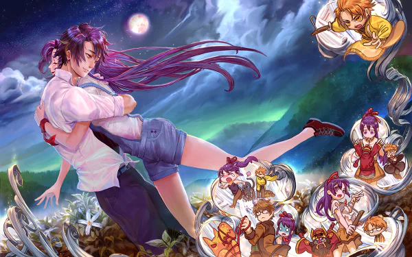 Anime Girl Exorcist HD PC desktop wallpaper and background, long-haired exorcist girl leaps over a moonlit field with aurora and chibi companions in floating bubbles.