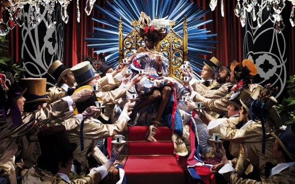 A funny, mocking HD PC desktop wallpaper showing a crowned figure on a throne surrounded by men in top hats reaching out dramatically.