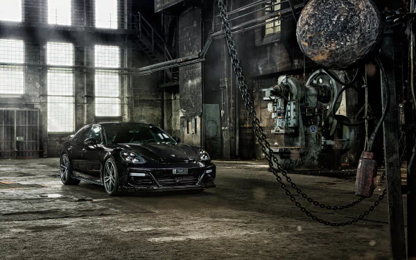 Black Porsche Panamera parked inside an abandoned factory with large windows, industrial machinery, and a rugged, gritty atmosphere in this HD PC desktop wallpaper.