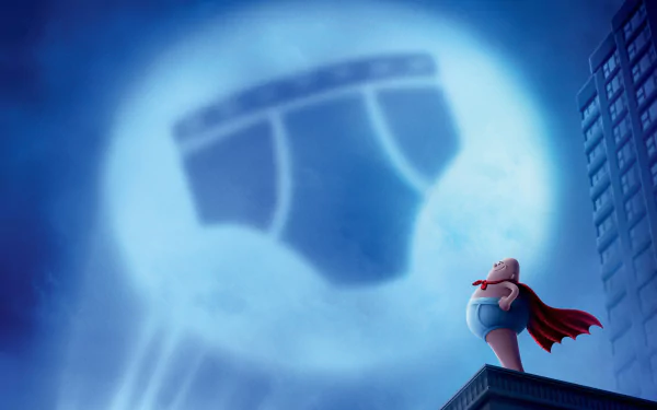 HD PC desktop wallpaper: Captain Underpants (from Captain Underpants: The First Epic Movie) stands on a rooftop in cape as an underwear-shaped moon lights a city skyline.