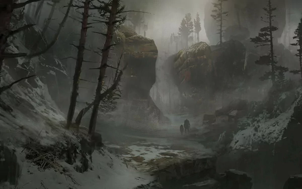 An HD desktop wallpaper and background from the video game God of War (2018) featuring a misty, forested landscape with towering rock formations and sparse trees.