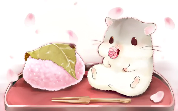 HD anime desktop wallpaper featuring a cute hamster with flower on its nose next to a pink rice ball wrapped in a leaf, set against a soft, pastel background.