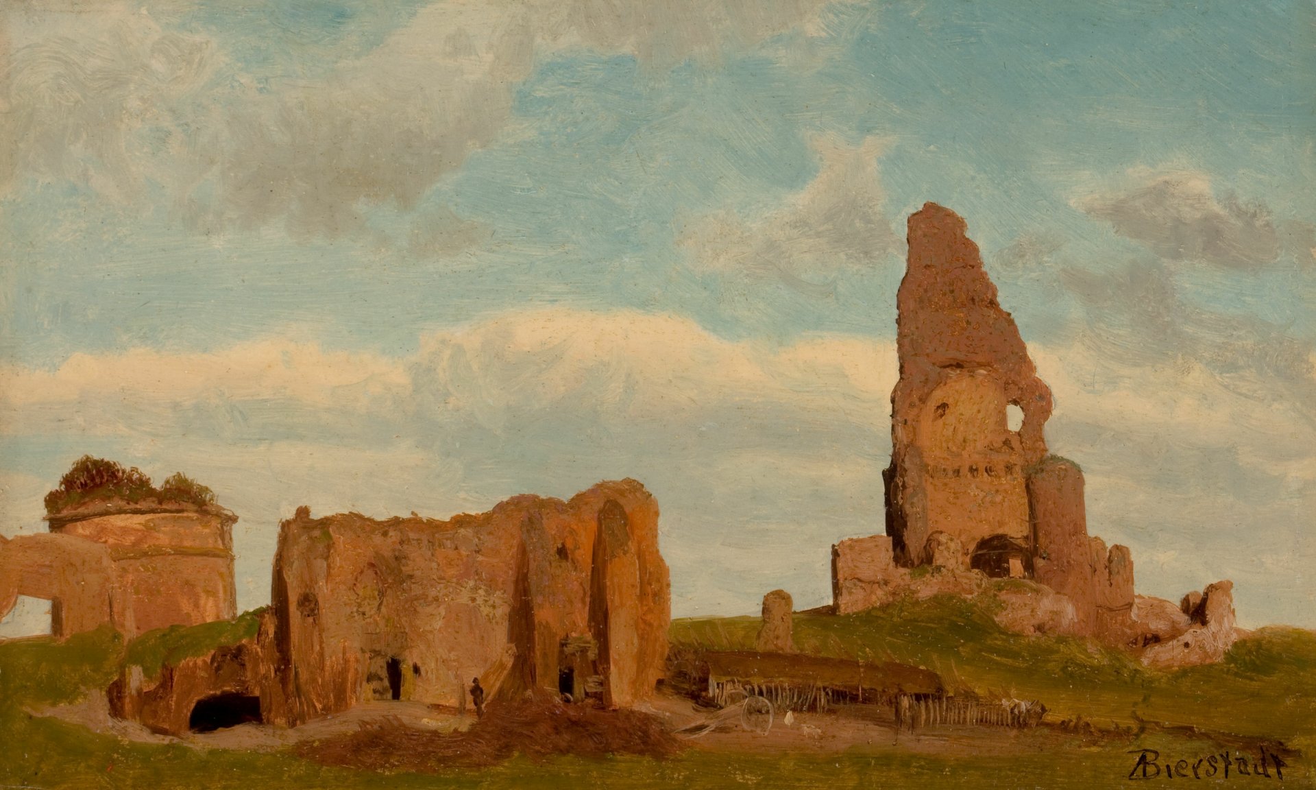 Artistic landscape 2K Quad HD PC desktop wallpaper: painterly ruins with a solitary tower on a grassy plain beneath a cloud-filled sky.