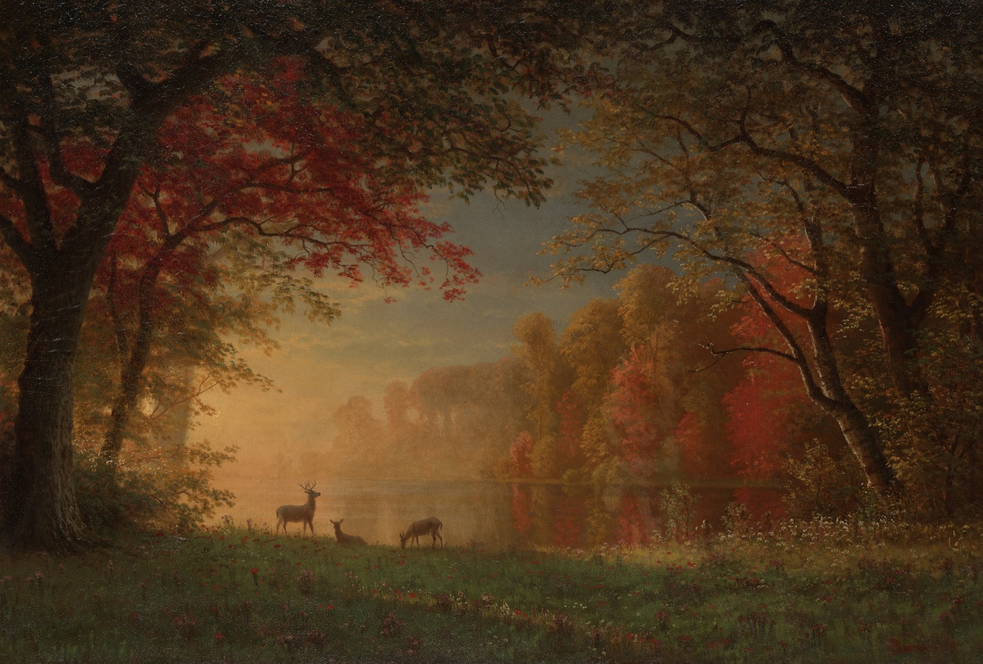 Artistic HD landscape wallpaper depicting deer by a tree, near a serene lake, bathed in soft light with colorful foliage in the background.