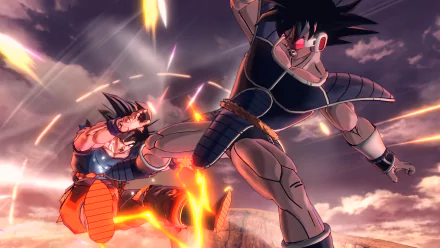 HD desktop wallpaper from Dragon Ball Xenoverse 2 featuring Bardock and Goku in a dynamic, action-packed combat scene.