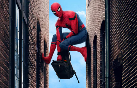 HD desktop wallpaper featuring Spider-Man (Peter Parker) from the movie 'Spider-Man: Homecoming,' showing him crouching with a backpack between two buildings.