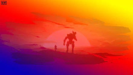HD PC desktop wallpaper featuring a Titanfall 2 scene with a towering mech and pilot silhouetted against a vibrant, glowing sunset.