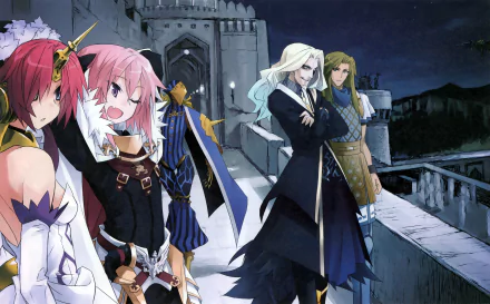 4K Ultra HD anime wallpaper featuring Rider, Lancer, Caster, Berserker, and Archer of Black from Fate/Apocrypha standing in a castle setting at night.