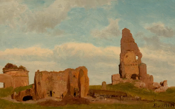 Artistic landscape 2K Quad HD PC desktop wallpaper: painterly ruins with a solitary tower on a grassy plain beneath a cloud-filled sky.