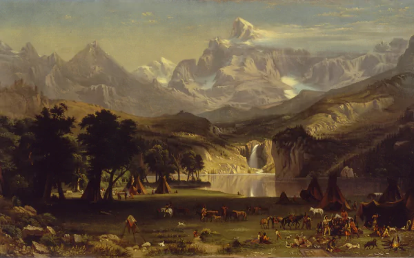 A 4K Ultra HD artistic landscape depicting a mountain lake with a waterfall, surrounded by Native American figures and wildlife under a serene sky.