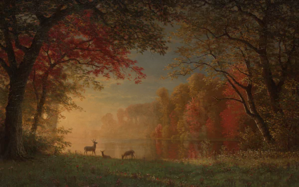 Artistic HD landscape wallpaper depicting deer by a tree, near a serene lake, bathed in soft light with colorful foliage in the background.