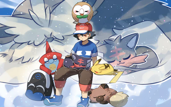 Anime-style HD wallpaper featuring Ash Ketchum with sleeping Pokémon: Rowlet, Pikachu, Litten, Rockruff, and Rotomdex peacefully resting in a snowy scene.