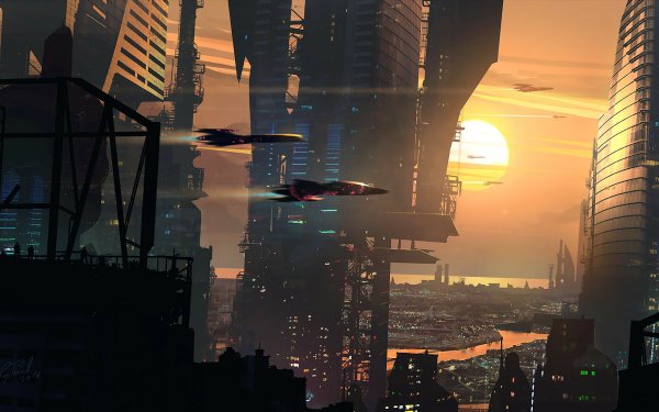 Sci Fi City Sky Building Aircraft Sunset HD Wallpaper | Background Image