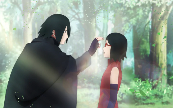 HD anime desktop wallpaper featuring Sarada Uchiha and Sasuke Uchiha from Boruto, in a serene forest setting.