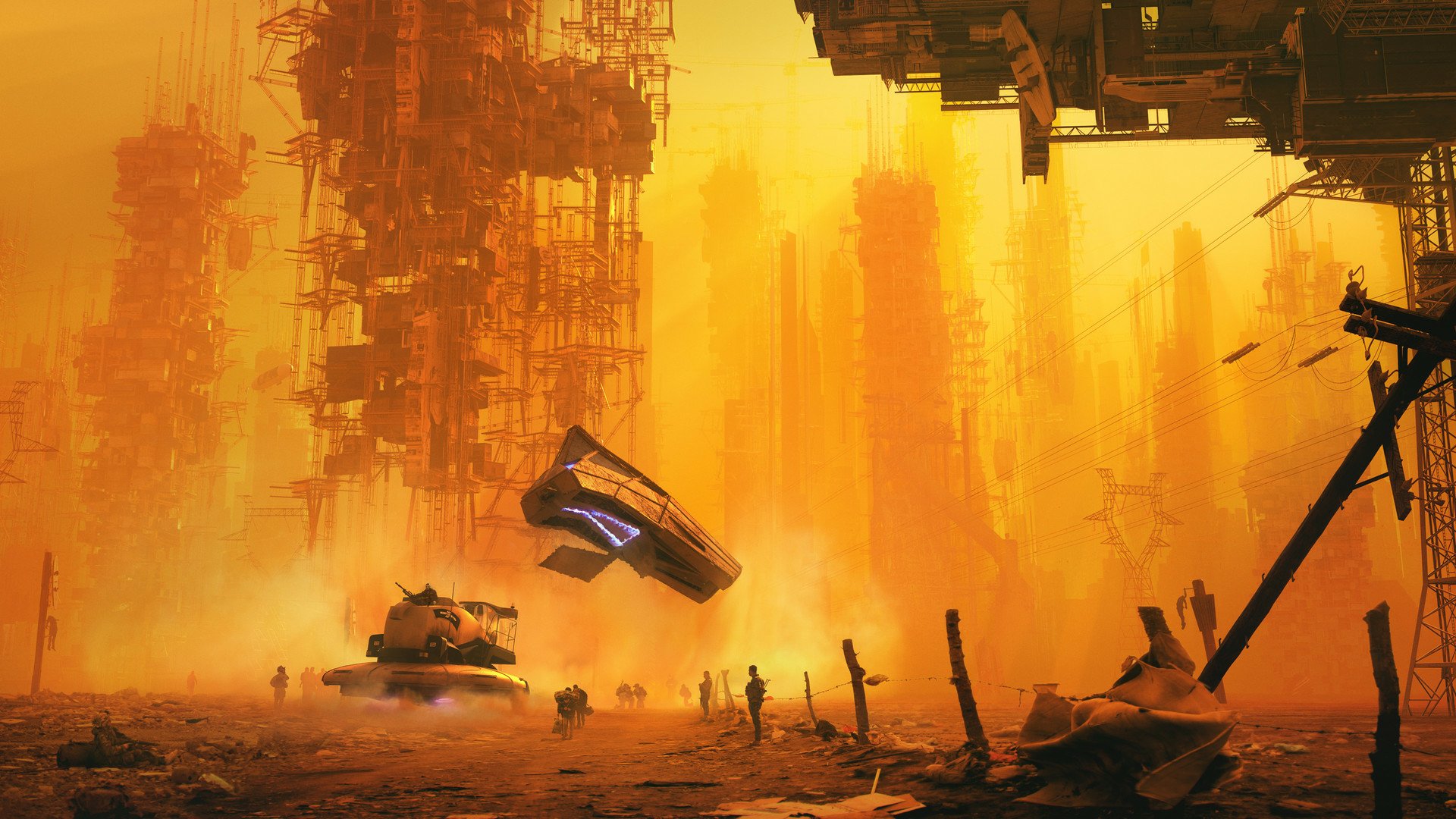 HD PC desktop wallpaper background: a sci‑fi city of dust‑choked orange streets, towering buildings and power lines, small groups of people and hovering aircraft above ruined structures.