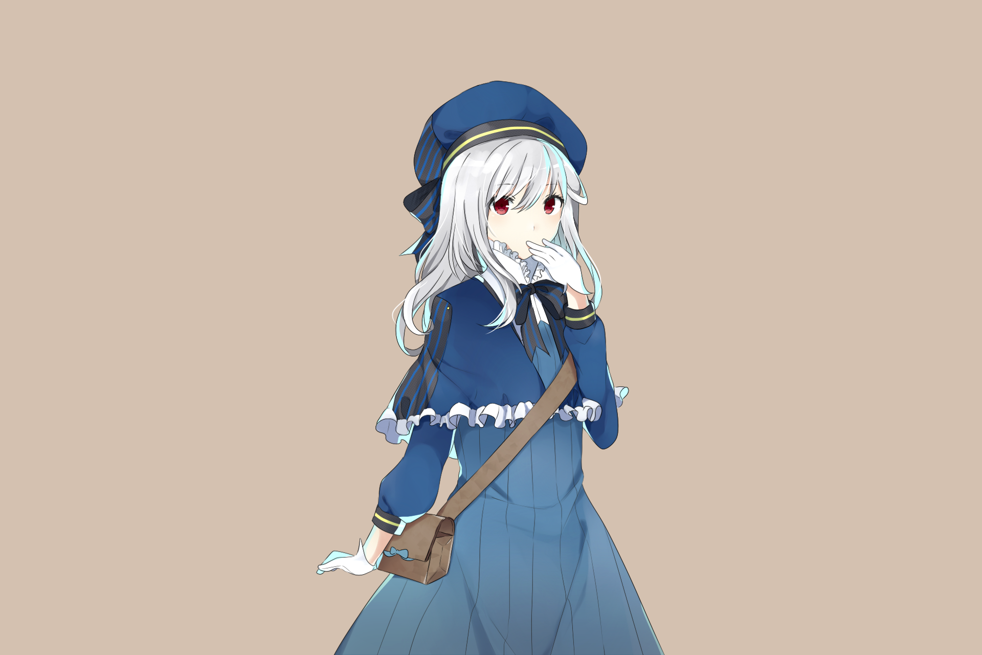 Anime original character with white hair and red eyes wearing a blue dress, gloves, and a matching hat, designed as an HD PC desktop wallpaper background.