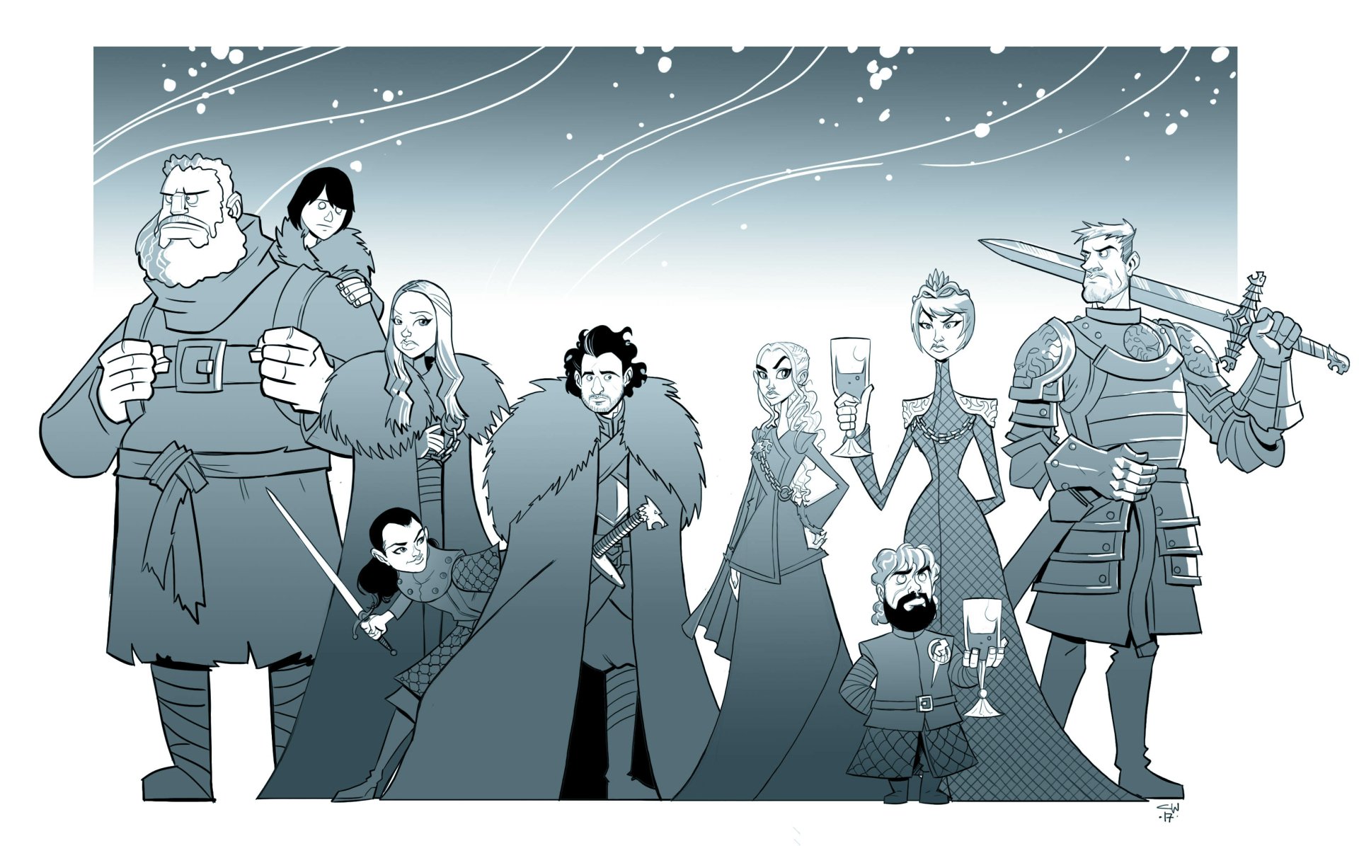 HD PC desktop wallpaper featuring stylized cartoon versions of Game of Thrones characters Jaime, Cersei, Tyrion Lannister, Sansa, Bran, Hodor, Arya, Daenerys, and Jon Snow.