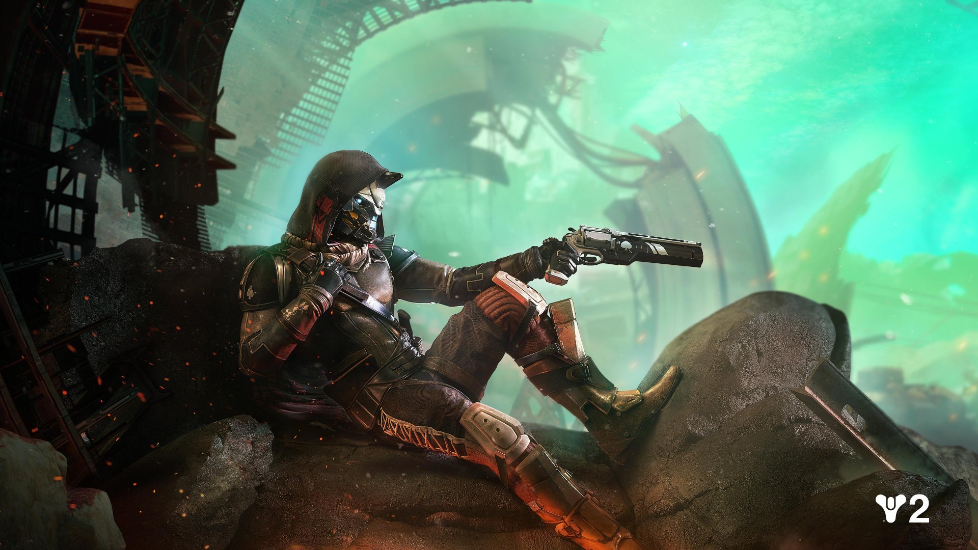 HD desktop wallpaper of Destiny 2, featuring a character in futuristic armor holding a gun, set against a vibrant, otherworldly background.