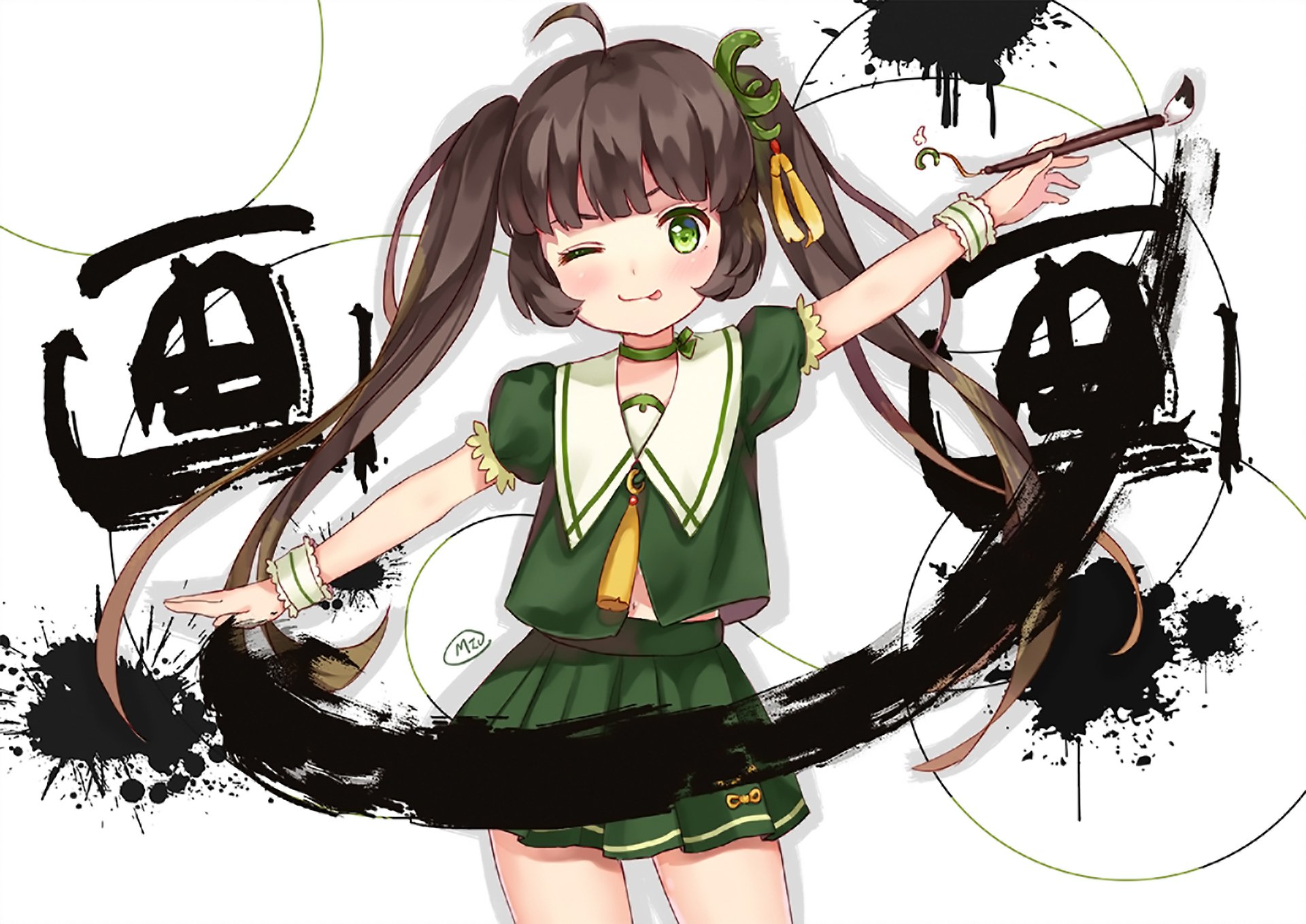 Download Brush Japanese Dress Twintails Ribbon Green Eyes Anime Original HD Wallpaper by miu