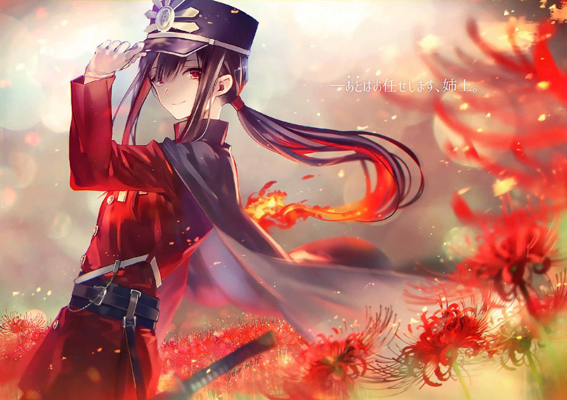 HD PC desktop wallpaper featuring Oda Nobukatsu from Fate/Grand Order, depicted in anime style with flowing hair, a red outfit, and a glowing magical background.