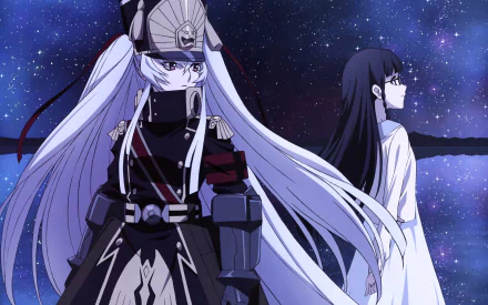 HD desktop wallpaper featuring Setsuna Shimazaki and Gunpuku no Himegimi from the anime Re:Creators, set against a starry night background.