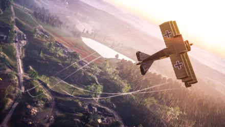 HD PC desktop wallpaper featuring a World War I triplane warplane soaring over a detailed battlefield, captured from the video game Battlefield 1.