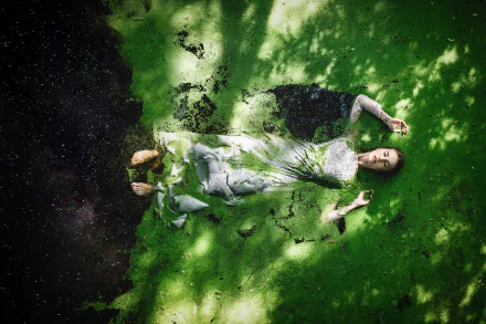 HD PC desktop wallpaper: woman model in a white dress lies in a mossy green pond, eyes closed, hands raised, evoking an ethereal, moody scene.
