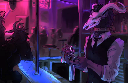 A fantasy creature bartender with horned features mixes drinks in a vibrant bar, illuminated by colorful neon lights. 4K Ultra HD wallpaper showcasing a unique and imaginative setting.