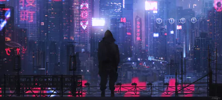 A cyberpunk cityscape at night, featuring towering skyscrapers with neon lights and futuristic elements. The silhouetted figure stands on a rooftop, overlooking the high-tech, sci-fi world. HD wallpaper background.