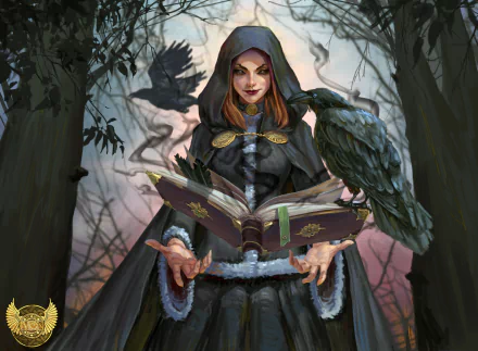 A fantasy HD desktop wallpaper featuring a witch in a hood with lipstick, holding an open magical book, with a crow on her shoulder, set against a mysterious forest background.