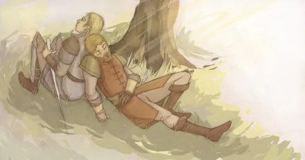 Game of Thrones HD desktop wallpaper: Brienne of Tarth and Jaime Lannister resting back-to-back beneath a tree in a soft fantasy A Song of Ice and Fire illustration.
