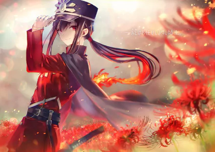 HD PC desktop wallpaper featuring Oda Nobukatsu from Fate/Grand Order, depicted in anime style with flowing hair, a red outfit, and a glowing magical background.