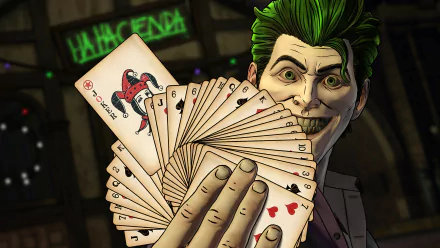 HD PC desktop wallpaper from Batman - The Telltale Series featuring the Joker holding a fanned-out set of playing cards, including a Joker card.
