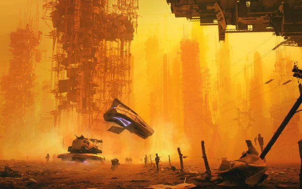 HD PC desktop wallpaper background: a sci‑fi city of dust‑choked orange streets, towering buildings and power lines, small groups of people and hovering aircraft above ruined structures.