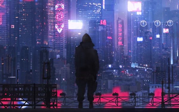 A cyberpunk cityscape at night, featuring towering skyscrapers with neon lights and futuristic elements. The silhouetted figure stands on a rooftop, overlooking the high-tech, sci-fi world. HD wallpaper background.