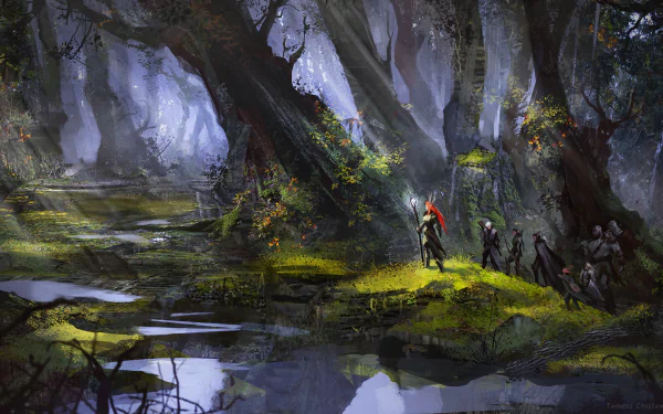 HD PC desktop wallpaper of a sorceress and fantasy warrior leading a small party through a misty forest as sunbeams pierce ancient trees and shimmer on swampy pools.