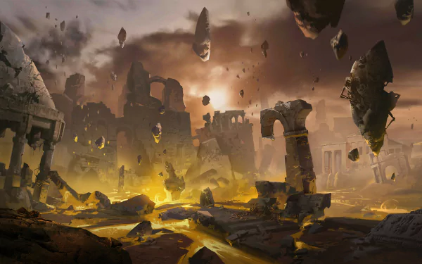 A dark fantasy landscape of ancient ruins with floating rocks under a stormy sky, rendered in high definition for a dramatic PC desktop wallpaper.
