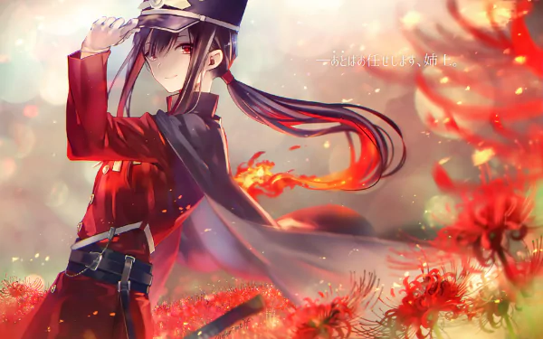 HD PC desktop wallpaper featuring Oda Nobukatsu from Fate/Grand Order, depicted in anime style with flowing hair, a red outfit, and a glowing magical background.