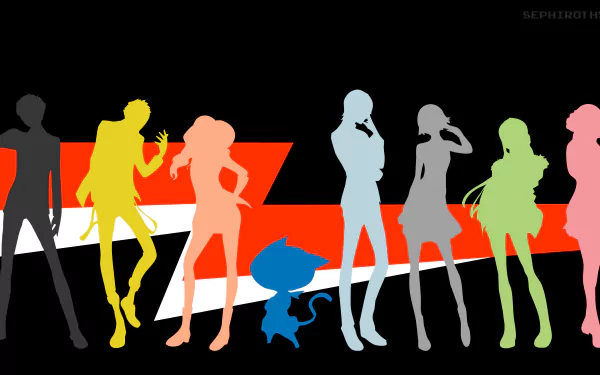 HD desktop wallpaper and background of Persona 5 characters in colorful silhouettes against a black and red abstract backdrop.