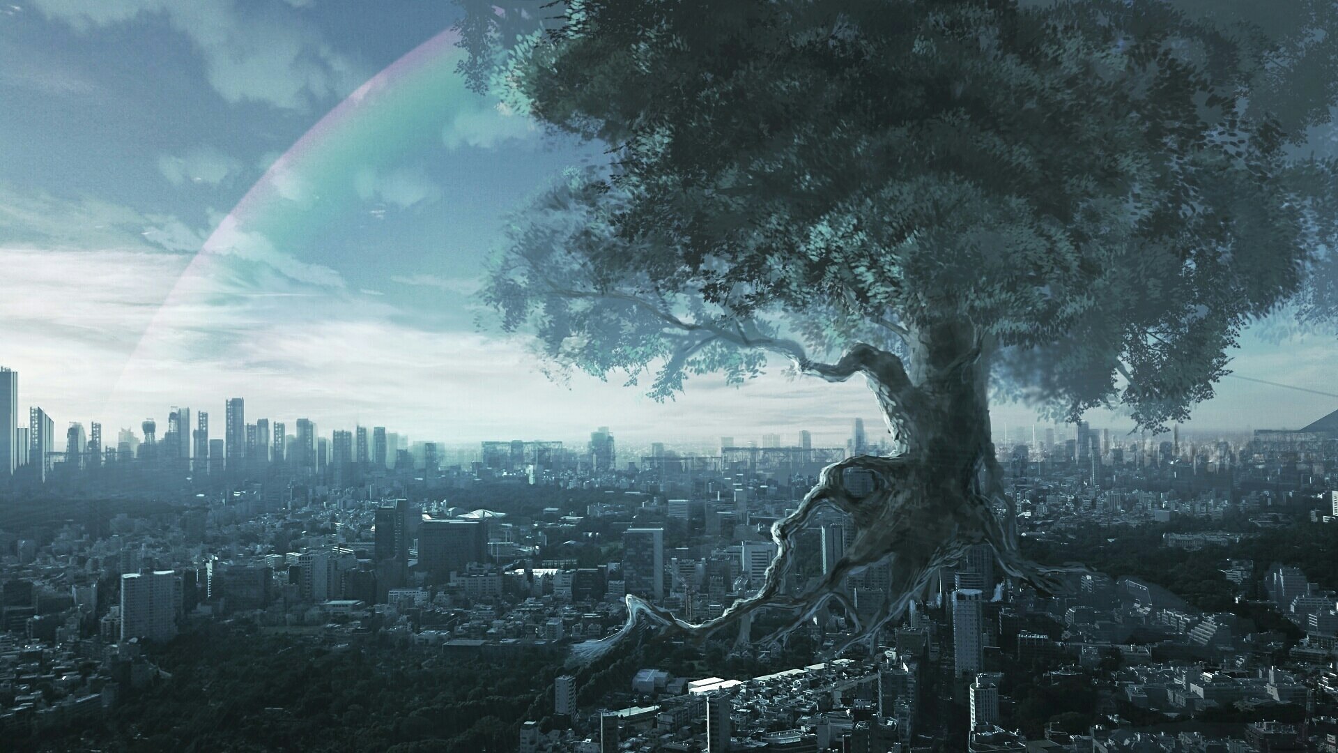 HD Anime wallpaper featuring a large tree overlooking a futuristic cityscape with a cloudy sky and a subtle rainbow.