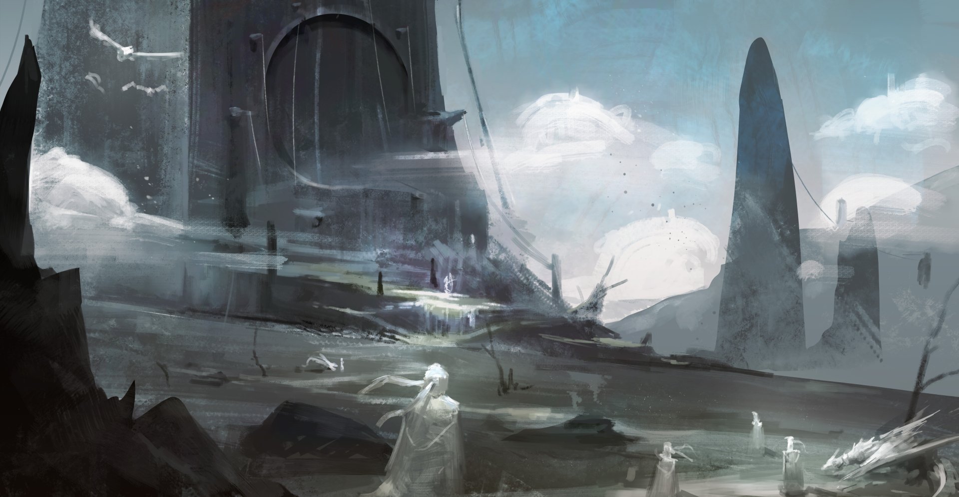 A mystical spirit wanders a vast fantasy landscape with towering structures under a cloudy sky, captured in stunning 4K Ultra HD for a PC desktop wallpaper.