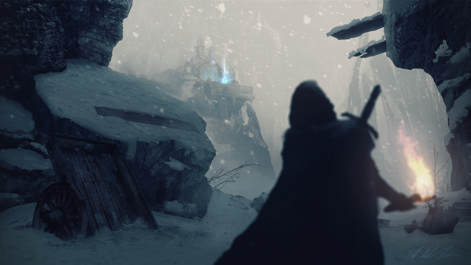 Silhouetted fantasy warrior with torch in a snowy mountain pass, snow falling as an icy beam of light illuminates distant ruins — HD PC desktop wallpaper.