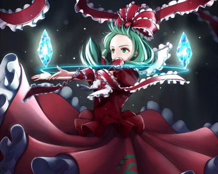 HD PC desktop wallpaper featuring Hina Kagiyama from the anime Touhou, depicted in vibrant colors with a dynamic pose and glowing blue crystals.