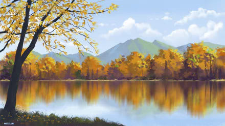 A serene anime-inspired landscape featuring a tranquil lake surrounded by autumn foliage and mountains, suitable as an HD PC desktop wallpaper and background.