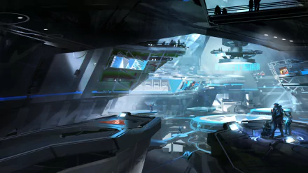 HD PC desktop wallpaper showcasing a futuristic interior scene from the video game Halo 5: Guardians, featuring advanced technology and armored characters.