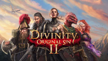 4K Ultra HD desktop wallpaper featuring key characters from the video game Divinity: Original Sin II against a vivid sky background.