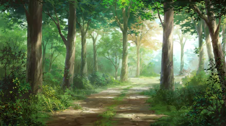 HD anime wallpaper featuring a serene forest path surrounded by lush trees, casting dappled sunlight through their leaves.