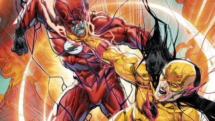 A high-definition desktop wallpaper featuring a dynamic comic scene of Reverse-Flash and Flash in a heated battle, tagged with Reverse-Flash, Comic, and Flash.