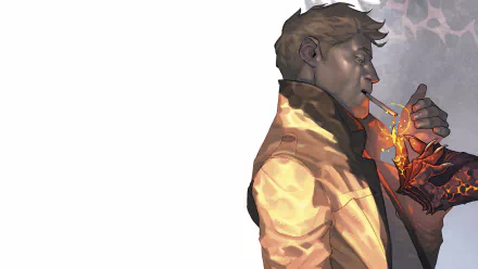 HD PC desktop wallpaper featuring John Constantine from the Hellblazer comic, depicted lighting a cigarette with a glowing, fiery hand.