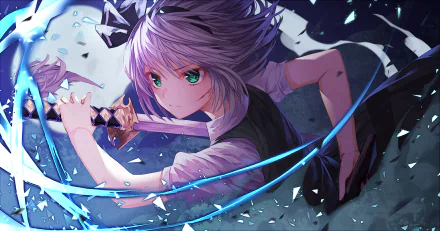 An HD desktop wallpaper featuring Youmu Konpaku from Touhou, depicted in an intense action pose with her sword. The background is dynamic and vibrant, highlighting the animated character Myon.